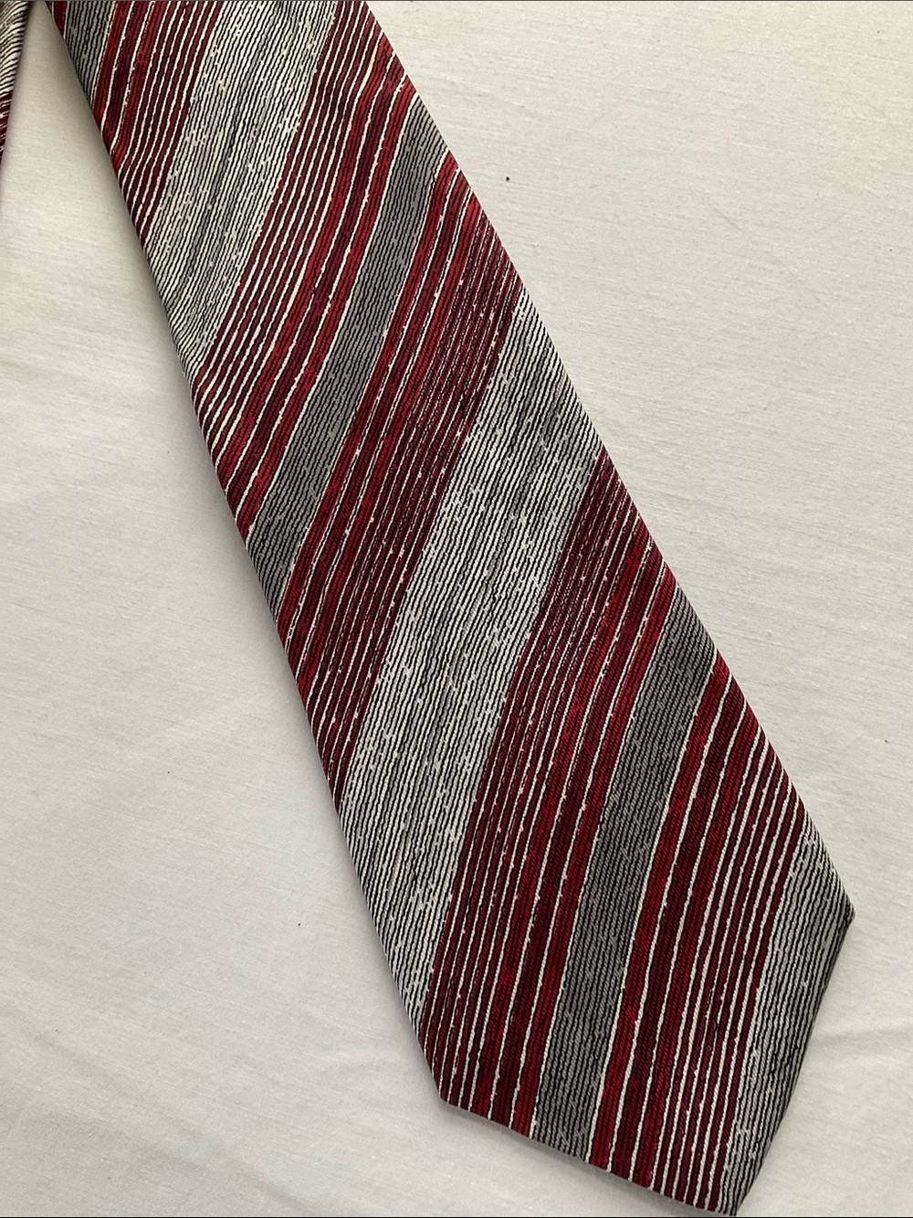 Men's DonLoper Burgundy and Gray Striped Silk Tie - Classic Office Style